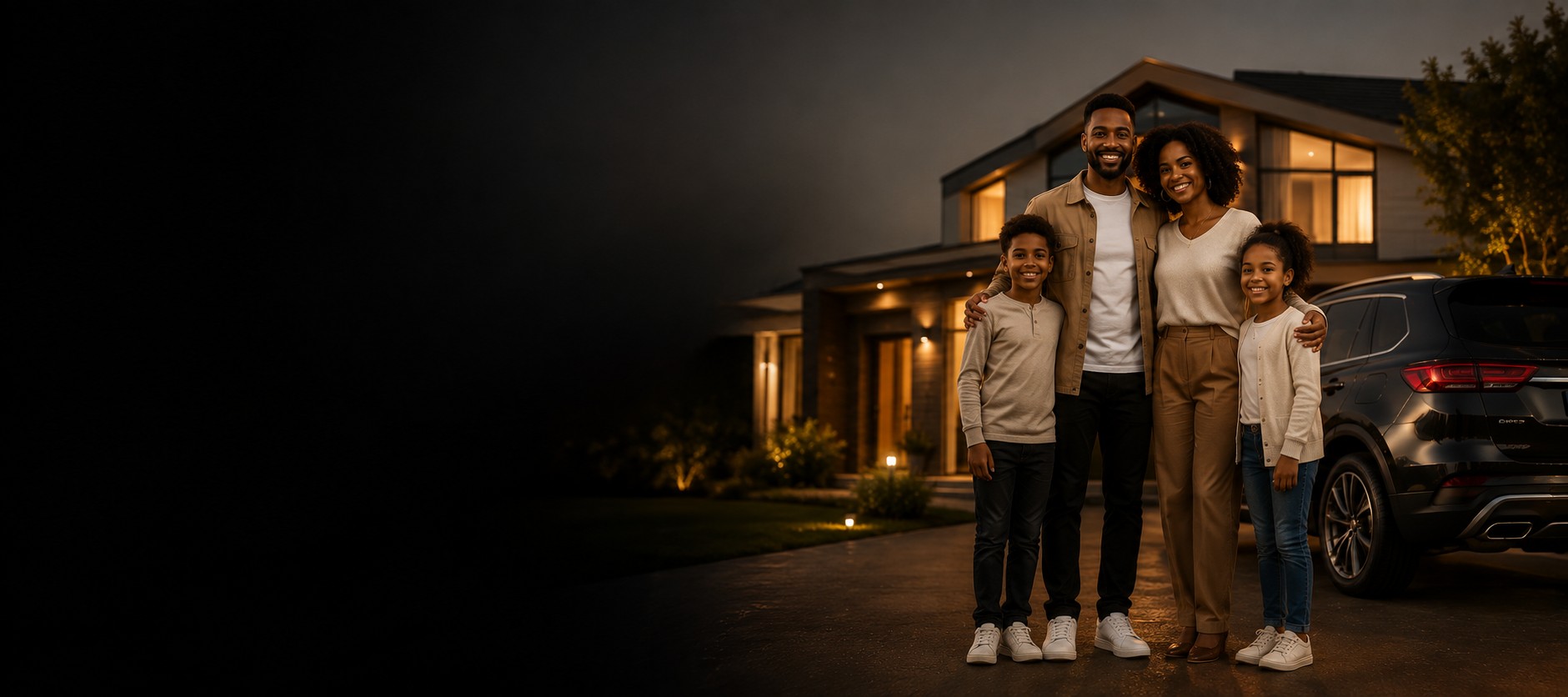 Família em frente à sua residência ao anoitecer
